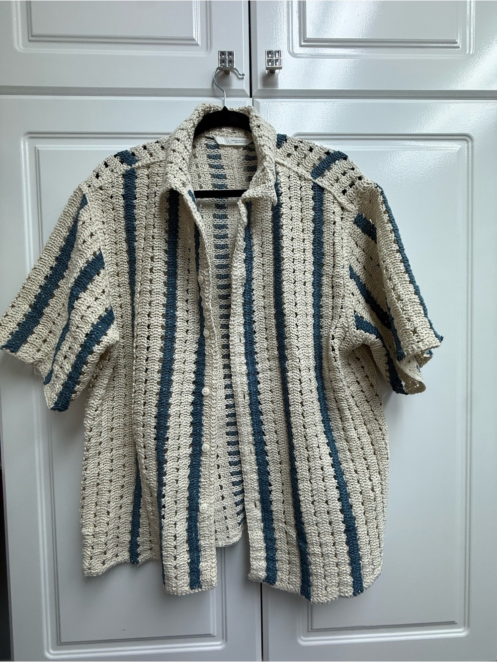 Zara Crochet Open-Weave Button Shirt - Cream with Teal Stripes XL